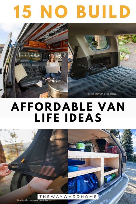 a collage of four campervan interiors that are simple and easy Camper Van Garage Ideas, Temporary Van Conversion, Basic Camper Van, Camper Vans Ideas, Cheap Camper Van Conversion, Camper Van Conversion Ideas, No Build Van Build, Diy Van Conversion Cheap, No Build Camper Van