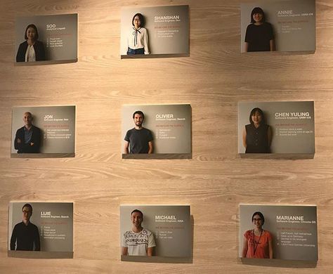 Google Highlights Employees On Big Wall Employee Photo Wall Ideas, Employee Wall Display, Team Wall Ideas, Office Wall Display Ideas, Team Wall Office, Employee Bulletin Board Ideas Pictures, Employee Interactive Wall, Meet The Team Wall Display, Staff Wall Display