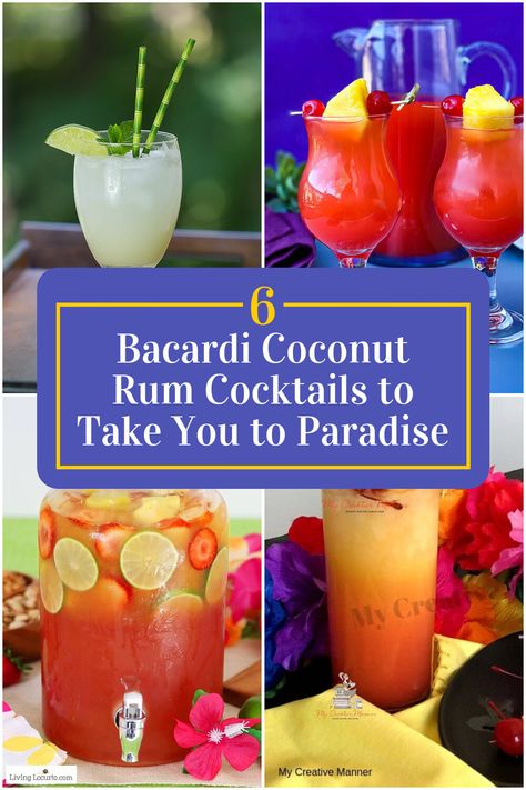 Collage of 4 bacardi coconut rum cocktails. Coconut Rum Cocktails, Bacardi Añejo, Bacardi Drinks, Beach Day With Friends, Coconut Rum Drinks, Bacardi Cocktail, Bbq Drinks, Rum Cocktail Recipes, Tropical Food