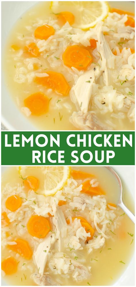 Lemon Chicken and Rice Soup - quick cooking chicken soup with rice, vegetables, and a light lemony broth. It's my favorite winter soup and great for when you're feeling a little under the weather! Chicken And Lemon Soup, Best Soup Recipes When You're Sick, Chicken Soup With Lemon, Slow Cooker Lemon Chicken And Rice Soup, Easy Chicken Lemon Rice Soup, Chicken Rice Lemon Soup, Lemon Pepper Chicken Soup, Soup For When Your Sick, Lemon Rice Soup Recipe