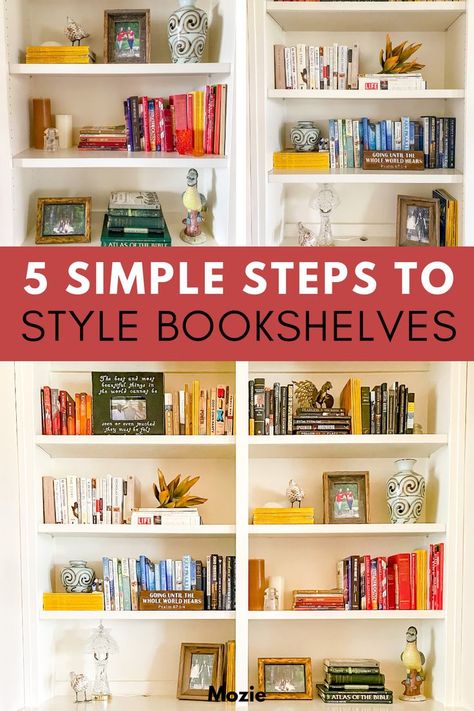 How To Decorate Shelves With Books, Colorful Bookcase Styling, Bookshelf With Lots Of Books, Styling Bookshelves With Books Living Room, Book Shelf Styling With Books, How To Decorate Living Room Bookshelves, Bookshelf Staging Ideas, Big Bookshelf Decor, How To Arrange A Bookshelf Bookcase Styling