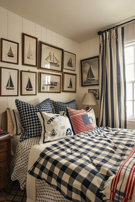 Preppy Bedroom Perfection: Timeless Ideas - Quiet Minimal Sailing Bedroom Ideas, Blue Lake House Bedroom, Sophisticated Nautical Bedroom, Cozy Guest Room Decor, Nautical Guest Room, Vintage Costal Bedroom, Americana Room Aesthetic, New England Bedroom Aesthetic, Coastal Vintage Bedroom