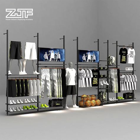 Sports clothes shoes store fixtures,unique interior designs #shoes #clothes #sports #sportsshoes #sportsclothes #interiordesign #storedesign #shoesstoredesign Small Clothing Store, Small Clothing Store Interior, Clothing Store Interior Design, Small Reception Desk, Fabric Store Design, Shoe Store Design, Retail Facade, Clothing Store Displays, Clothing Store Interior