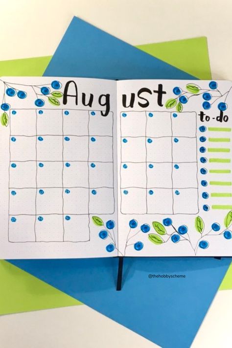 Bujo August Calendar, Calander Design Ideas August, Blueberry Bullet Journal, August White Board Calendar Ideas, Bullet Journal August Theme, Summer Bujo Themes, June Bullet Journal Calendar, Bullet Journal Summer Theme, July Bullet Journal Calendar