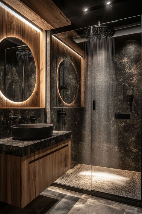 Upgrade your home with these modern bathroom ideas! Featuring sleek black fixtures and warm wood accents, this design brings elegance and sophistication to any space. Perfect for those looking to create a chic and relaxing bathroom retreat. #ModernBathroomIdeas #HomeDecor #LuxuryLiving Moody Wood Bathroom, Wood Black And Gold Bathroom, Bathroom Black And Wood Decor, Mansion Bathrooms Luxury Master Bath, Dark Black Bathroom, Dark Industrial Bathroom, Black Master Bath Ideas, Black Walls In Bathroom, Black Marble Shower Walls