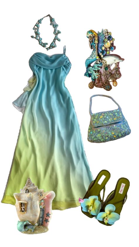 Outfit inspo, mermaidcore, princess, blue and yellow outfit palette, mermaid aesthetic, princess aesthetic Mermaid Inspired Outfits, Mermaidcore Outfit, Outfit Palette, Blue And Yellow Outfit, Mermaid Core Aesthetic, Mermaidcore Aesthetic, Water Princess, Beach Core, Aesthetic Princess