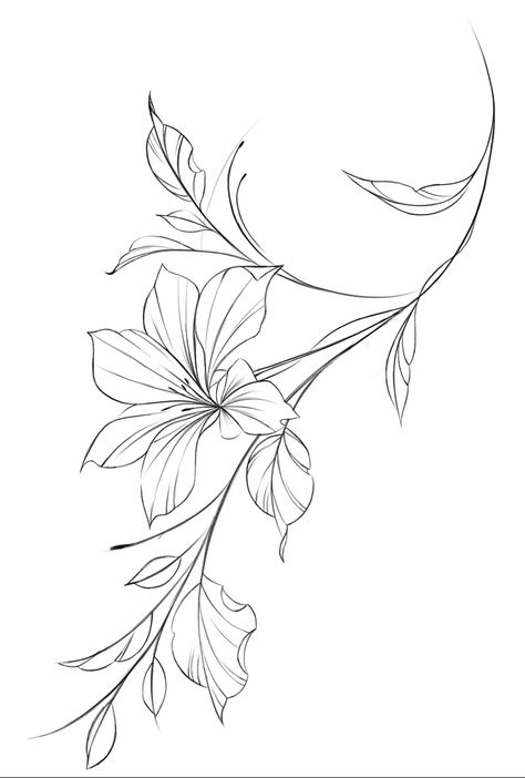 Iris Tattoo Line Art, Fineline Flower Tattoo Design, Leaf And Flower Tattoo, Hibiscus Spine Tattoo, Tattoo Outline Designs, Tattoo Botanica, Flower Line Tattoo, Fineline Flower Tattoo, Fine Line Flowers