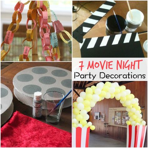 7 Movie Night Party Decorations Movie Night Fundraiser, Night Party Decorations, Mama Movie, Movie Night Party Decorations, Movie Theatre Birthday Party, Movie Theater Party, Birthday Movie Night, Outdoor Movie Party, Backyard Movie Party