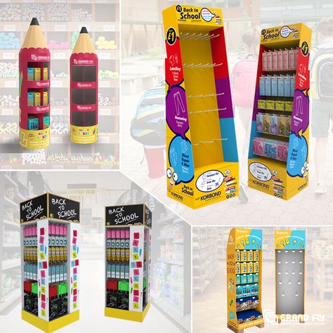 Very fun and effective floor display for #backtoschool that're really stand out. With different designs, eye catching colors and artwork, and the ability to hold different stationery, you can't miss them. Display Stand Design Ideas, Stationary Display, Stationery Display, Cardboard Display Stand, Pallet Display, Kids Salon, Display Retail, Mini Stand, Modular Display