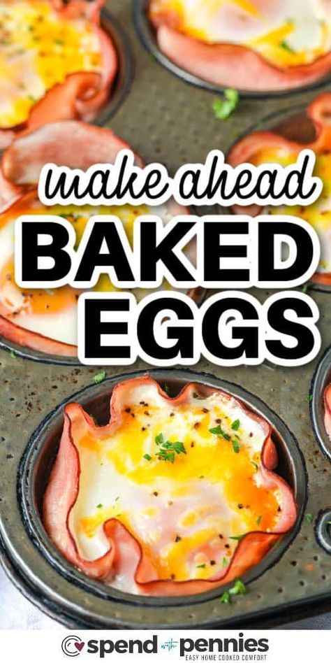 This baked eggs recipe is the perfect way to start the day! All that is needed for this delicious breakfast is some eggs, ham, and cheese. To make, just line muffin tin cups with the ham, add a cracked egg, and some cheese and then bake in the oven. For added flavor add some spinach or even chopped mushrooms, these little cups are so versatile.  #bakedeggs #easybakedeggs #bakedeggsrecipe #spendwithpennies Muffin Tin Ham And Eggs, Healthy Breakfast Bakes Eggs, Baked Ham And Eggs In Muffin Tin, Egg And Cheese Muffins Breakfast, Muffin Eggs Cups, Ham Eggs Cheese Muffin Tin, Ham Muffin Cups, Egg Tins Muffin Pans, Egg Nests Breakfast