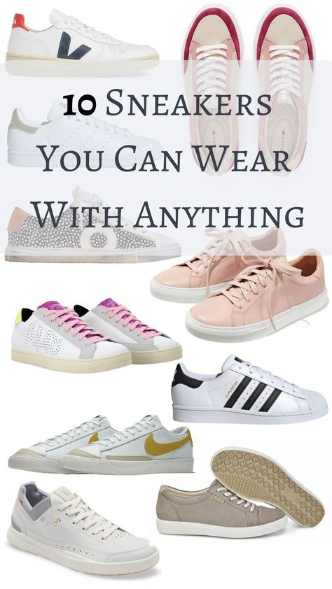 We're celebrating the versatility of today's sneakers trends, which can just as easily be worn with sweats and jeans as dresses and trousers. Check out these 10 fabulous pairs that can be dressed up or down! Casual Shoes With Jeans Women, Versatile Sneakers Women, Cute Sneakers To Wear With Dresses, Tennis Shoes 2023 Trends, Women’s Casual Shoe, Office Tennis Shoes Outfits, Sneakers That Go With Dresses, Tretorn Rawlins Sneakers Outfit, Dressed Up Sneaker Outfit