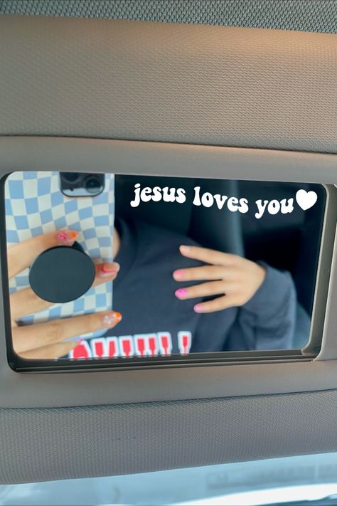 FREE shipping for a LIMITED time! FREE STICKERS with every purchase ♥ This decal is the perfect addition for your car as a reminder of Jesus and His love.

Made with high quality permanent vinyl and is easy to apply.

This decal is 3.5 inches wide (about the length of your index finger) and is not a large decal.

CAN BE CUSTOMIZED to say any other sayings, fonts can be changed and symbols can be added/removed! Feel free to message me with your idea! Car Mirror Sticker, Car Mirror Decals, Christian Car Decals, Preppy Car, Mirror Decals, Mirror Car Accessories, Girly Car Accessories, Car Deco, Cool Car Accessories