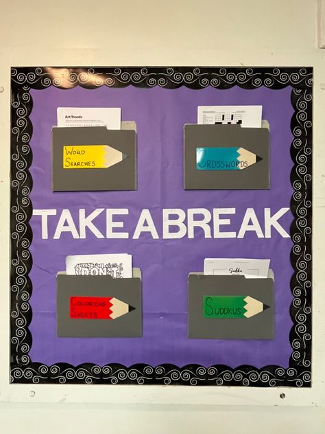 Take a break board! Wellness, Mental Health, Fun Bulletin Board, College Bulletin Board, Resource Board Hospitality Bulletin Board Ideas, Employee Break Room Bulletin Boards, Bulletin Board Office Ideas, Kudos Board For Work Ideas, Spiritual Wellness Bulletin Board, Mental Health Office Decor Ideas Offices, Destress Bulletin Board Ideas, Student Support Bulletin Board, Mens Mental Health Bulletin Board