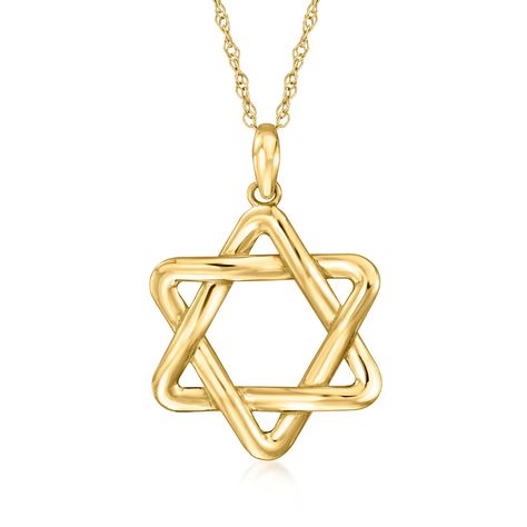 Ross-Simons - 14kt Yellow Gold Star of David Pendant Necklace. 18". Presenting a special symbol of Jewish faith and pride, this 14kt yellow gold Star of David pendant necklace makes a wonderful signature style for daily wear. Rope chain. Springring clasp, 14kt yellow gold Star of David pendant necklace. Star Of David Pendant, Special Symbols, Star Of David, Gold Star, Rope Chain, Gold Stars, Signature Style, Pendant Jewelry, Daily Wear