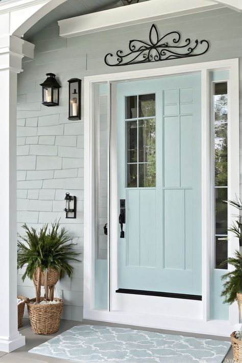 Sherwin Williams, Sea Salt, Exterior transformation, Home improvement Coastal Outside House Colors, Bm Sea Haze Exterior, Aqua Exterior House Paint, Sea Salt House Exterior, Sea Salt Sherwin Williams Exterior, Mint Green House Exterior, Sea Salt Exterior House Paint, Coastal Front Doors, Sea Salt Exterior