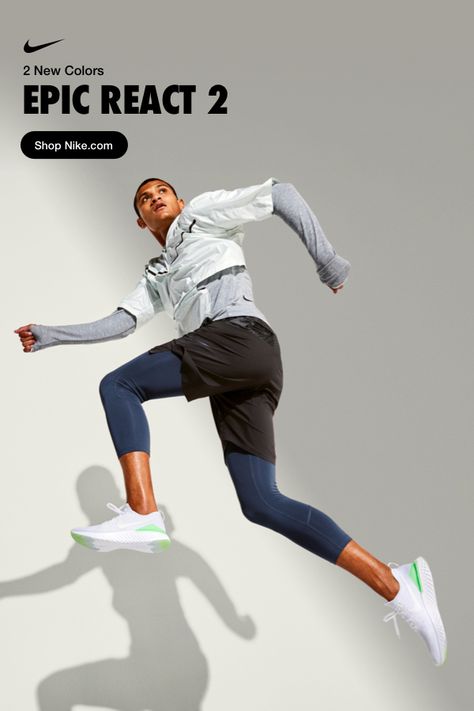 Run your most colorful, comfy miles ever in lush lime—a new Epic React 2 color on Nike.com. Bounce over to Nike.com and grab your pair. Sportswear Photoshoot, Jumping Poses, Urban Running, Man Pose, Running Pose, Sports Advertising, Sport Portraits, Athleisure Men, Running Nike