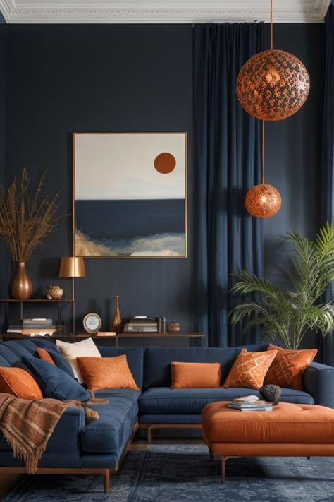 Blue Walls Orange Curtains, Blue Copper Living Room, Blue Couch Orange Pillows, Navy Blue And Orange Living Room Decorating Ideas, Blue Brown And White Aesthetic, Mustard Rust Blue Living Room, Rust And Blue Interior, Blue Orange Interior Design, Blue Burnt Orange Living Room