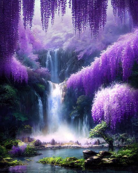 Magical Lake Aesthetic, Wisteria Fantasy Art, Purple Aesthetic Fantasy World, Magical Lake Art, Purple Waterfall Painting, Magical Scenery Art, Mythical Places Art, Fantasy Lake Concept Art, Magic Lake Fantasy Art