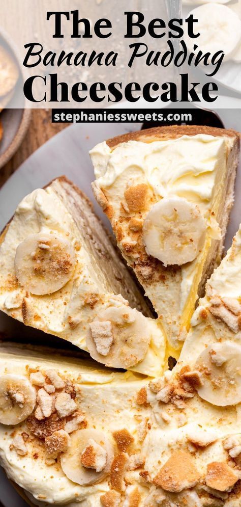 This banana pudding cheesecake tastes AMAZING! It is a banana cheesecake with sliced bananas and crushed Nilla wafers on a Nilla wafer crust, topped with a whipped vanilla pudding. Easy Dessert Recipes Banana, Banana Pie Cheesecake, Coconut Banana Pudding, Bannan A Pudding Cheesecake, Vanilla Wafer Desserts, Banana Pudding Crunch Cheesecake Recipe, Banana And Cream Cheese Recipes, Banana Crunch Cheesecake, Banana Foster Cheesecake Recipes