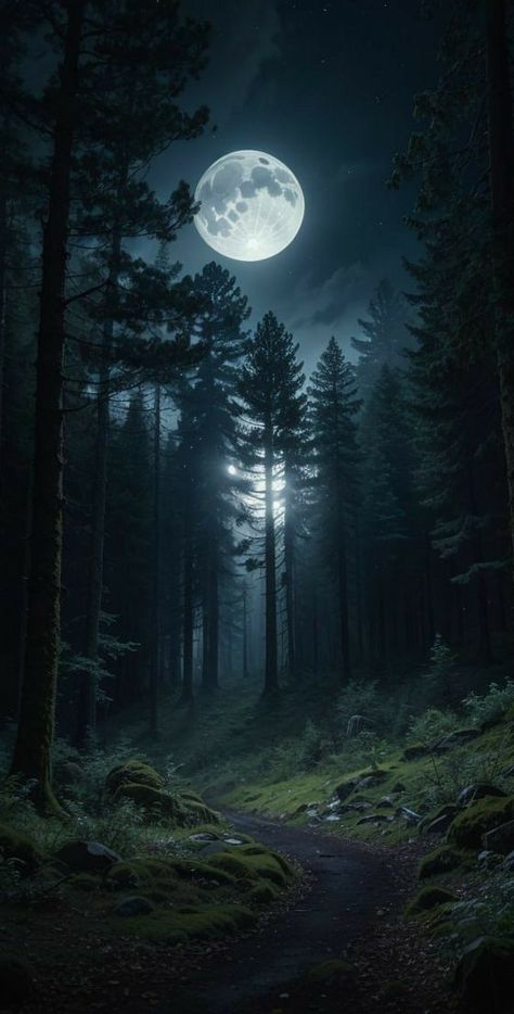 Forest Phone Wallpaper, Wald Wallpaper, Moon Beauty, Forest At Night, Werewolf Aesthetic, Dark Forest Aesthetic, Forest Moon, Dark Landscape, Forest Scenery