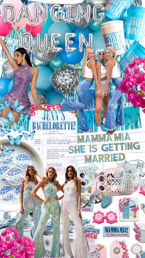 Dancing Queen Bachelorette Theme, Mamma Mia Themed Bachelorette Party Outfits, Bachelorette Party Themes Mamma Mia, Bachelorette Party Themes Decorations, Abba Theme Hen Party, Bachelorette Party Ideas Mama Mia, Dancing Queen Outfits Party, Mamma Mia Party Theme Outfits, Mama Mia Shes Getting Married