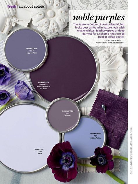 Noble Purples Paint Color Palette. The Pantone Colour of 2018, Ultra Violet, looks best as found in nature. Pair with chalky whites, feathery greys or deep garnets for a scheme that can go bold or softly poetic. Paint Colors Used: Nippon Paint Spring Lilac Manish Malhotra for Dulux Bejewelled Nerolac Amherst Fog British Paints Violet… British Paints, Purple Paint Colors, Nippon Paint, Paint Color Palettes, Purple Paint, Manish Malhotra, Colors Purple, Interior Paint Colors, Bedroom Paint