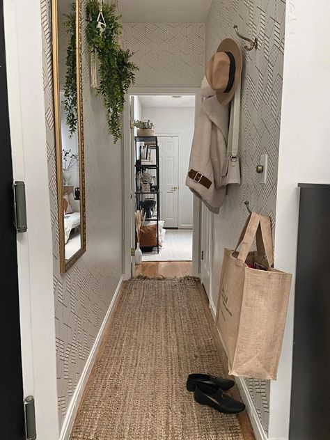 Before/After: How to Decorate a Narrow Entryway or Hallway - City Chic Decor Home Entrance Narrow, Apartment Hallway Decor Narrow, Long Narrow Entry Hallway Ideas, Small Entry Way Ideas Narrow Hallways, Gallery Wall Hallway Narrow, Small Narrow Hallway, Narrow Hallway Design, Narrow Stairwell, Long Narrow Entryway