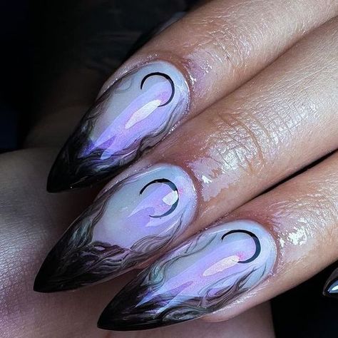 Nails Acrylic Witchy, Witchy Goth Nails, Witchy Nails Almond Short, Dark Glam Nails, Witches Nails Designs, Witchy Nail Art Designs, Pastel Witch Nails, Purple Mushroom Nails, Villain Nails Aesthetic