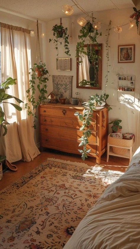 Apartment Decor Cottagecore, Earthy Room Decor Bedroom, Bright Whimsical Bedroom, Bedroom Art Deco Style, Room Customization Ideas, Plants In Room Bedrooms, Adult Couple Bedroom Ideas, Room Ideas 2 Beds, Plant Mom Bedroom