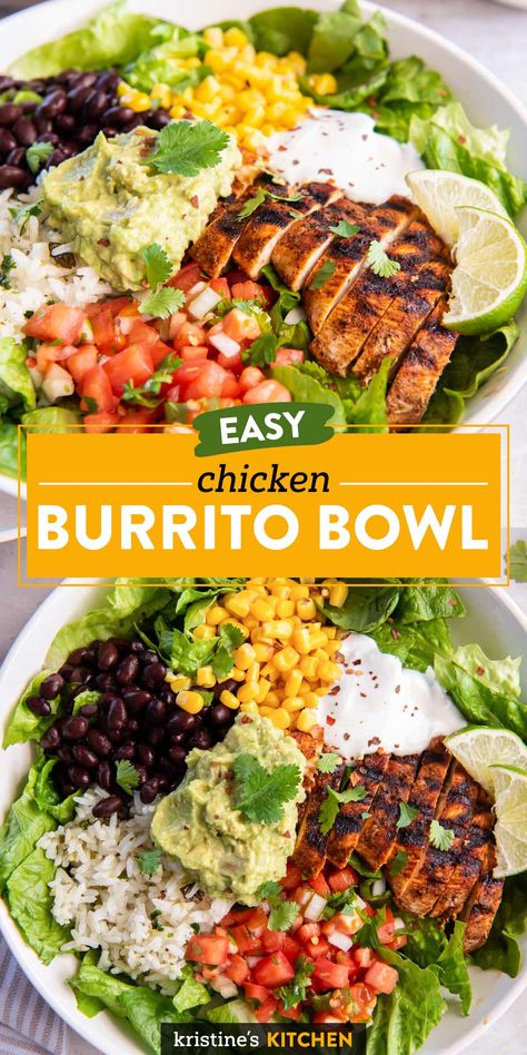 This is the best Burrito Bowl recipe - it's loaded with flavor and so satisfying! The components can be made ahead and stored in the fridge for meal prep lunches or dinners. Tex Mex Burrito Bowl, Sunshine Bowl Recipe, Weight Watcher Burrito Bowl, Dinner In A Bowl, Healthy Bean Burrito Recipe, Qdoba Burrito Bowl Recipe, Burittos Bowl Recipes, Keto Chicken Burrito Bowl, Burrito Bowl Bar