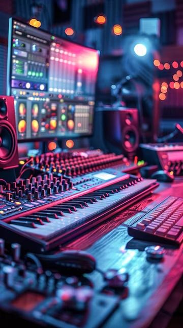 Premium Photo | Busy Recording Studio Filled With Sound Equipment Generative AI Professional Music Studio Design, Sound Design Studio, Synthesizer Wallpaper, Music Studio Room Luxury, Music Production Aesthetic, At Home Music Studio, Home Music Studio Design, Music Studio Aesthetic, Drums Pictures