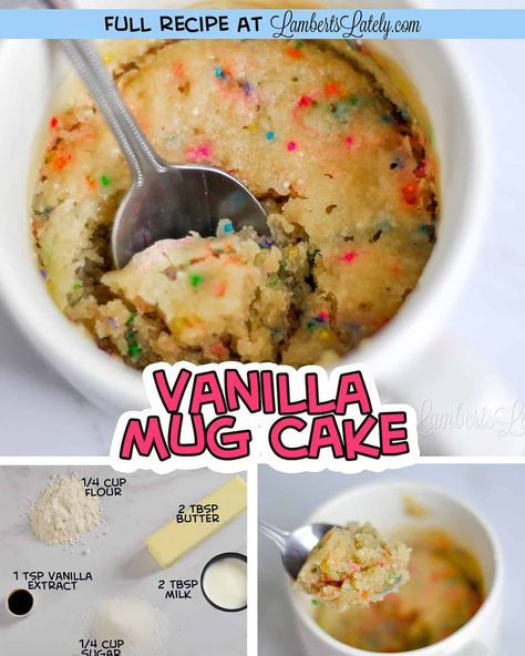 This easy Vanilla Mug Cake is the perfect way to satisfy a sweet tooth. Made with 5 ingredients (and no egg), you can make this in a microwave in about 2 minutes! Easy Sweet Treats Microwave, Cake In A Mug Microwave Recipe, Recipes For Mug Cakes, Mug Cake Microwave No Baking Powder, Mug Cake Recipe Without Baking Powder, Mug Cake Recipe Without Milk, 3 Ingredient Microwave Desserts, Mug Cake Microwave Easy 3 Ingredients No Egg, Microwave Deserts Recipes