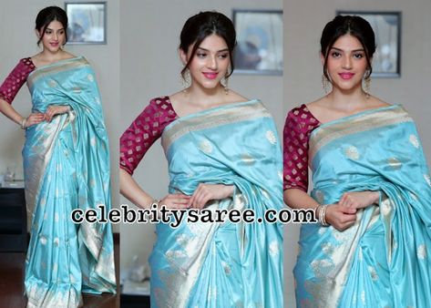 Mehreen Pirzada Sky Blue Silk Saree Sky Blue Silk Saree Contrast Blouse, Unique Saree Color Combos, Sky Blue Saree Contrast Blouse Silk, Blouse For Blue Saree, Sky Blue Blouse Designs Silk, Light Blue Saree Contrast Blouse, Sky Blue Combination Dress, Sky Blue Saree Blouse Combination, Blue Saree Blouse Combination