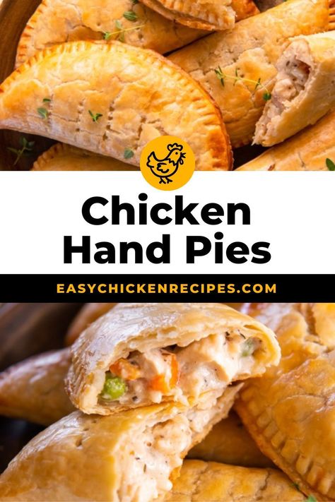 These easy chicken hand pies are a pocket full of yum! Each pie has a creamy chicken pot pie filling nestled in a crispy store-bought pie crust, making for the ultimate comforting finger food. Pop over to my site for the recipe! Hand Pies Chicken, Empanada With Pie Crust, Chicken Pot Pie Pockets Easy, Hand Chicken Pot Pies, Ultimate Chicken Pot Pie, Chicken Pasty Puff Pastries, Chicken Pie Crust Recipe, Chicken Pot Pie Appetizers, Indian Meat Pies