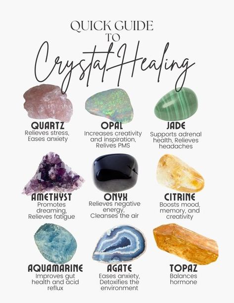 Here's a quick guide to healing crystals: Stone Crystal Meanings, Stones And Their Meanings, Healing Crystals Guide, What Do Crystals Do, Witchcraft Crystal Guide, Crystal Meanings Witchcraft, Different Crystals And Their Meanings, Cristal Meaning, Crystals Meanings Witchcraft