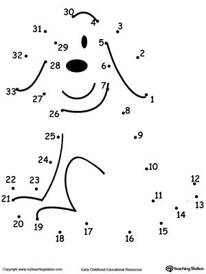 Learning to Count by Connecting the Dots 1 Through 33: Drawing a Dog: Dot to dot worksheets encourages numbers and handwriting skills for preschool, kindergarden and early elementary. Connect Numbers Free Printable, Dot To Dot Printables For Kids Free 1-10, Drawing A Dog, Dot To Dot Printables, Learning To Count, Connecting The Dots, Dotted Drawings, Dots Free, Dot Worksheets