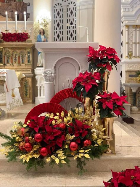 Church Altar Christmas Decorations, Christmas Flower Arrangements For Church, Christmas Altar Decorations Church, Church Christmas Decorations Sanctuary, Advent Church Decorations, Christmas Floral Arrangements Diy, Christmas Stairs Decorations, Christian Christmas Decorations, Advent Decorations