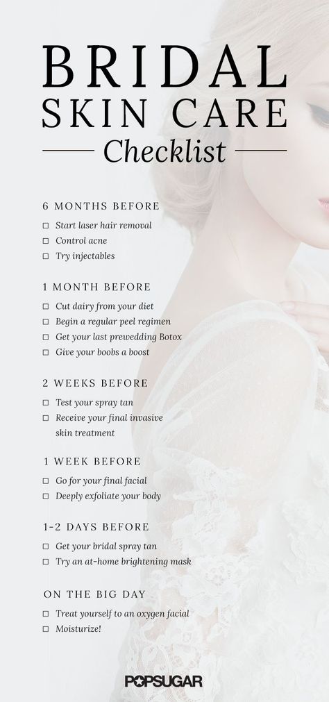 Before you think about your bridal makeup, you should focus on your skin. We've created a handy checklist of what skin treatments you should think about and when, so you can have the most flawless skin (and photos!) on your wedding day! Bridal Skin, Wedding Skin, Wedding Checklist Timeline, Bridal Skin Care, Wedding Skincare, Wedding Day Schedule, Wedding Day Tips, Wedding Day Makeup, Braut Make-up