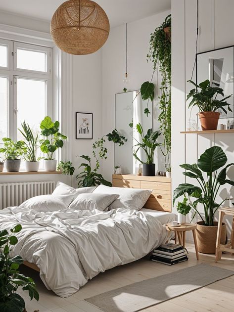 All White Room With Plants, Bedroom Plants And Greenery Ideas, Plant Filled Bedroom, Bedroom With White Bed, Indian Style Bedroom, Bedroom With Plants, Scandinavian Cabin Interior, Decorated Bedroom, Green And White Bedroom