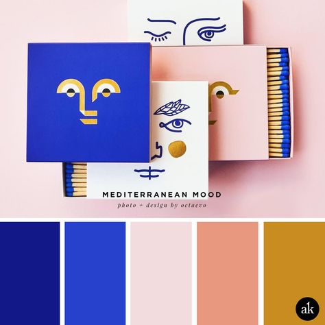 a Mediterranean-matchbox-inspired color palette // Mediterranean blue, blush / pink, salmon, gold // photo and design by octaevo Visuell Identitet, Modern Brands, Graphisches Design, Blue Palette, Coban, Brand Color Palette, Blue Colour Palette, Color Palette Design, Color Psychology