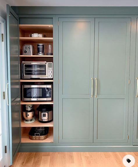 Garage Appliance Cabinet, Stove Window, Kitchen Cabinet Storage Solutions, Kitchen Pantries, Neat Method, Kitchen Appliance Storage, Appliance Garage, Pantry Remodel, Pantry Wall