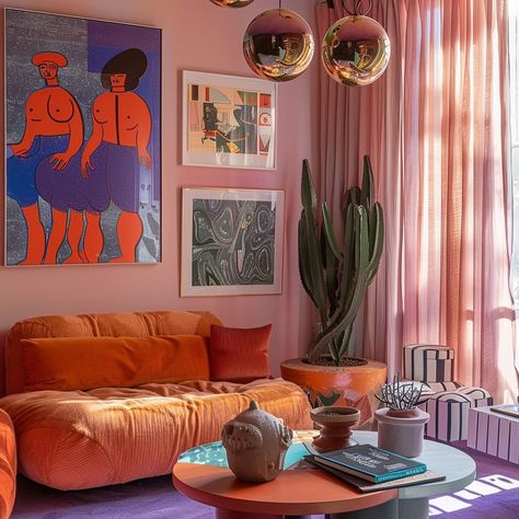 Who’s says Orange and purple…and red can’t go together #colorindesign #aiinteriors Bright Orange Living Room, Orange Accent Wall Office, Lavender And Orange Living Room, Orange Purple Bedroom, Orange Aesthetic Living Rooms, Orange And Purple Room, Orange And Purple Decor, Purple And Orange Living Room, Bright Pink Room