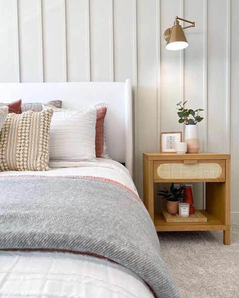 • Tuesday Inspiration • We love this bedroom for a relaxing, summertime coastal feel. The vertical board & batten adds the perfect amount… Board And Batten Room Bedrooms, Board And Batten Slat Wall, Vertical Board And Batten Wall Bedroom, Bat And Board Walls Bedroom, Board And Batten To Ceiling, Board And Batten Slanted Ceiling, Baton Board Wall Bedroom, White Board And Batten Wall Bedroom, Board And Batten Wall Behind Bed