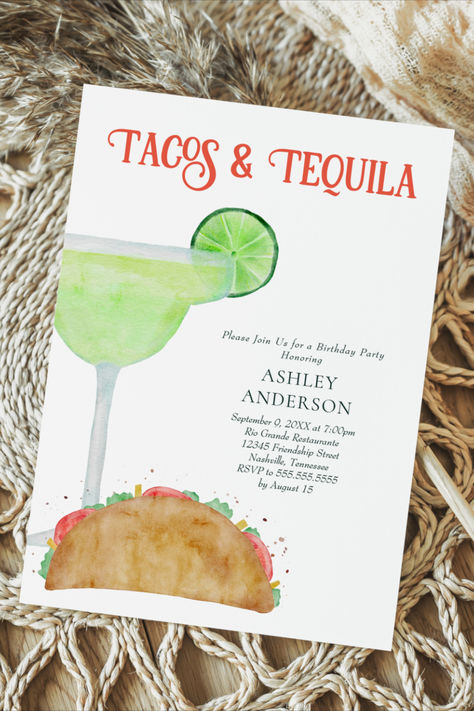 Vibrant fiesta-theme birthday party invitation featuring a watercolor illustration of a margarita glass and taco.   Margarita Birthday Invitation Fiesta Birthday Party Invite Tacos and Tequila Birthday Party Invitations Margarita Bachelorette, Margarita Party, Bachelorette Weekend Invitations, Retro Wedding Invitations, Tequila Margarita, Tacos And Tequila, Margarita Cocktail, Bachelorette Invitations, Weekend Party