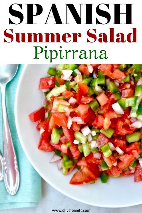 Spanish Summer Salad Pipirrana Refreshing salad perfect for hot summer days. #spanishcuisine #spanishfood #salad #tomatoes #vegan #mediterranean #mediterraneandiet #mediterraneanfood Portugese Recipe, Allotment Recipes, Spanish Salad, Courtyard Dining, Easy Spanish Recipes, Spanish Dinner, Spanish Tapas Recipes, Vegan Mediterranean, Spanish Summer