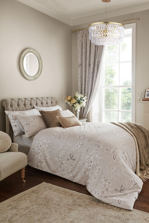 Add a touch of elegance to your bedroom with the gorgeous Rowsham Garden reversible bedding. Beautiful wisteria, peony, and magnolia flowers in a chinoiserie-inspired style trail across this luxurious 220TC cotton sateen bedding, in a timeless palette of warm natural shades and crisp white. Sateen Bedding, Super King Duvet Covers, Sophisticated Bedroom, Reversible Bedding, Best Duvet Covers, Magnolia Flowers, Double Duvet Covers, Wardrobe Furniture, Double Duvet