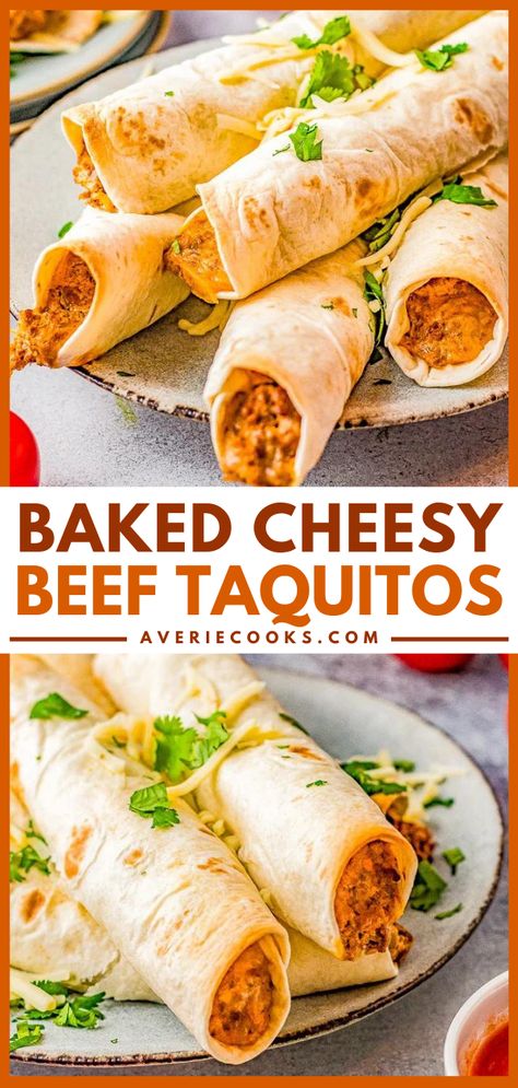 Easiest Ground Beef Taquitos (Baked) - Averie Cooks Easy Taquitos, Ground Beef Taquitos, Smothered Beef Burritos, Beef Taquitos, Taquitos Beef, Taquitos Recipe, Averie Cooks, Ground Beef Tacos, Simple Dinner