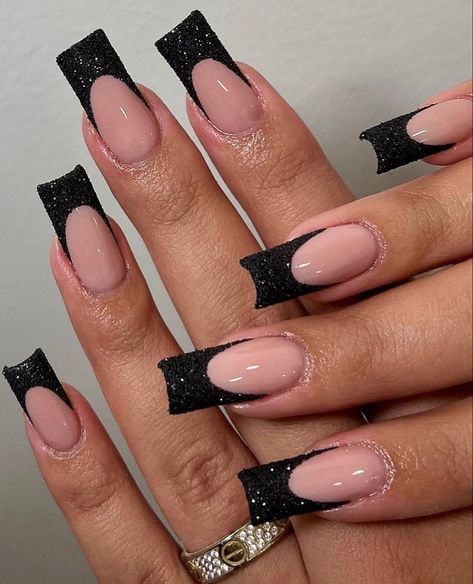 Black Sparkle Nails, Black Prom Nails, Black French Nails, Hoco Nails, Black Nails With Glitter, Bridesmaids Nails, Black Coffin Nails, Black French Tips, Black Acrylic Nails