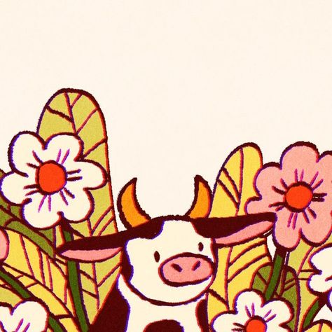 Painting Ideas Cow Easy, Simple Cow Illustration, Cute Simple Cow Drawing, Animals With Flowers Drawing, Moo Dang Drawing, Exercise Illustration Art, Highland Cow Doodle, Herford Cow, Animals Being Funny