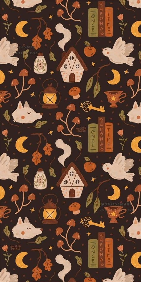 Digital Gouache, Fairytale Theme, Autumn Phone Wallpaper, Woodland Pattern, Moon Wolf, Fairytale Forest, Forest Leaves, Magical Woodland, Halloween Wallpaper Cute